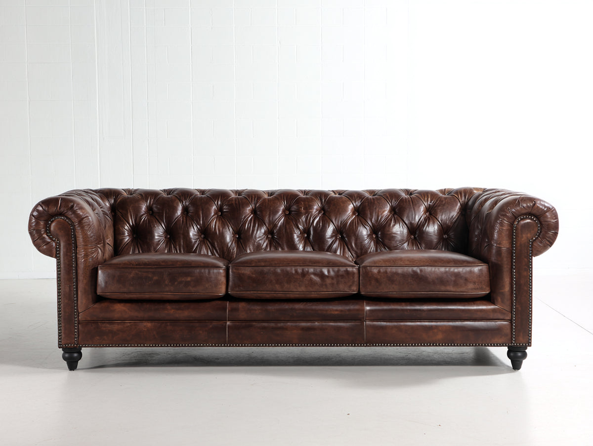 Canapé 3 places-cuir-240x95x80 cm-Marron-Style Chesterfield
